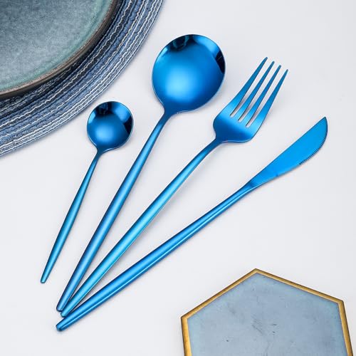 Image of 8 pcs Flatware Set, Blue Silverware Set for 2, Knife Fork Spoon, Stainless Steel Home Dinnerware Tableware,Mixed Cutlery Set Eating Utensils for Restaurants (8 Pcs Blue)