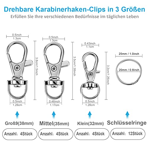 12 Stück drehbare Karabinerverschlüsse, Schlüsselanhänger Drehverschlüsse, Karabinerhaken Karabinerverschluss Schlüsselketten Clip, karabinerhaken mit Schlüsselringringe