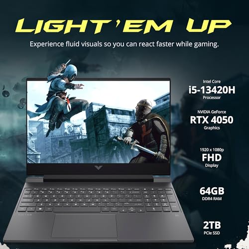Image of HP Victus 15.6 inch 144Hz FHD Gaming Laptop, Intel i5-13420H, 64GB RAM, 2TB PCIe SSD, GeForce RTX 4050, Backlit Keyboard, WiFi 6, Windows 11, Mica Silver