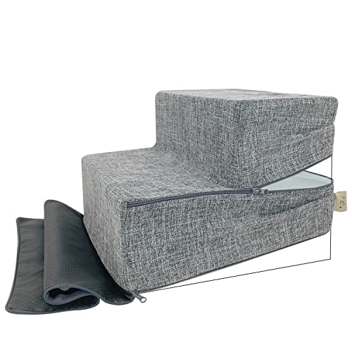 Image of Best Pet Supplies Foldable Pet Stairs Cover for Foam Dog Ramps, Replacement Slip with Non-Slip Step Surface, Plush and Soft Fabric, Provides Paw Traction and Stability - Gray Linen, 2-Step