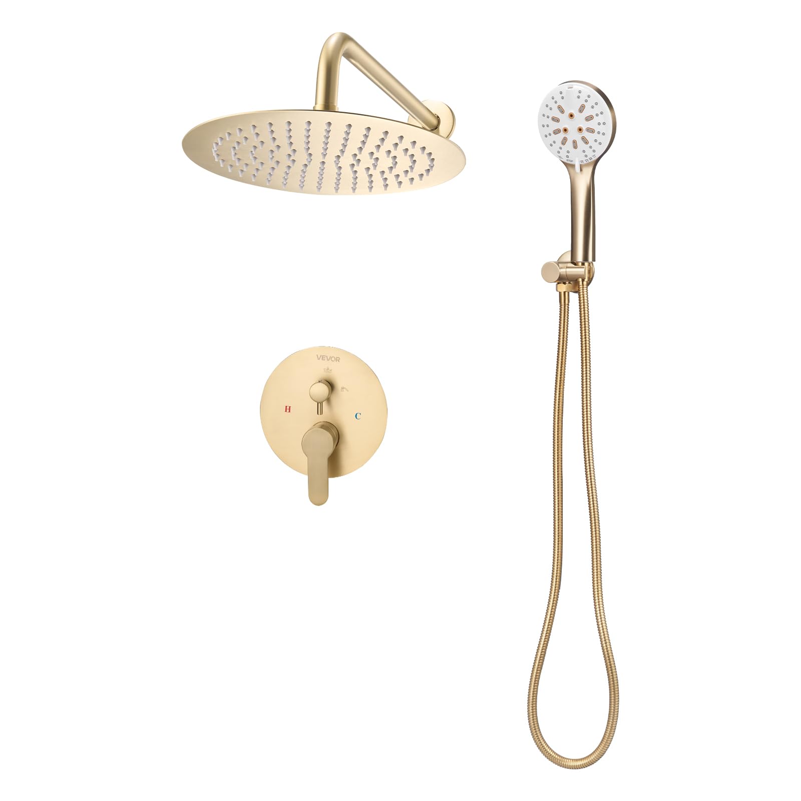 VEVOR Sistema Doccia a Pioggia per Bagno con Soffione Tondo 254 mm e Doccetta, Set di Rubinetti da Doccia a Parete, con Valvola in Ottone e Kit di Finitura, Rubinetto Doccia, Oro Spazzolato