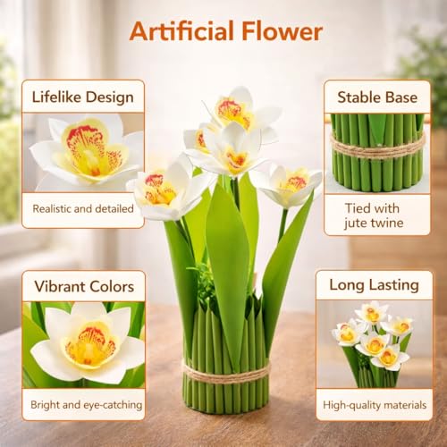 Image of CraftVatika White Orchid Artificial Flower Bouquet Decor, Realistic Orchid Flowers Bouquet Gift for Girls Faux Flowers for Table, Home Living Room Desk Decor, Wedding Anniversary Birthday Gift
