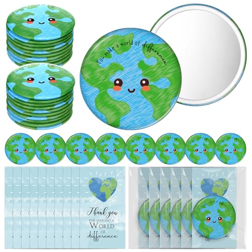 30 Sets Earth Appreciation Gifts Globe Compact Mirrors Environmental Earth Party Favors with Thank You Cards Back to School Gifts for Student Teacher Volunteer Employee Office Coworker Staff Team