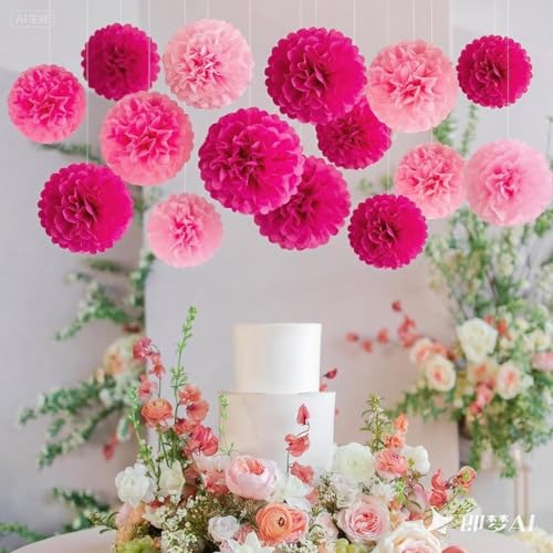 Image of XIKSXITN 12 pc Pink Tissue Paper Pom poms in 3 Colors-Hanging Paper Pom Poms Paper Flowers Ball for Party Decor