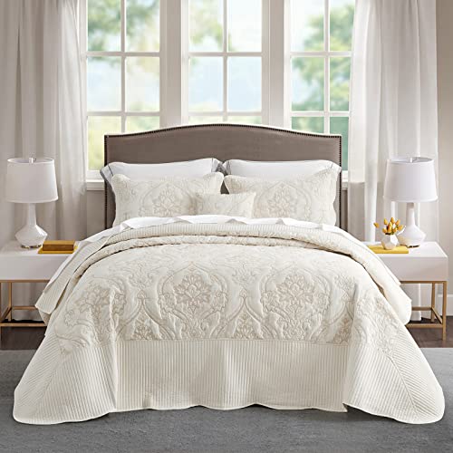 Image of CHIXIN Bedspread Coverlet Quilt Set Full Size - Lightweight Bedding Cover - Beautiful Stitching - 5 Piece Reversible Bedspread - Gorgeous Damask Paisley Pattern (Full, Ivory-Yellow)