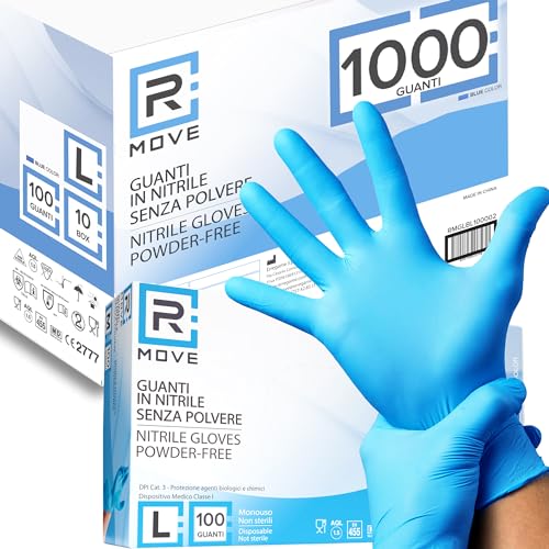 RMOVE 1000 guanti in Nitrile Blu L senza polvere, senza lattice, ipoallergenici, 10 box da 100 guanti monouso per Estetisti, Tatuatori, Ambiti Medici