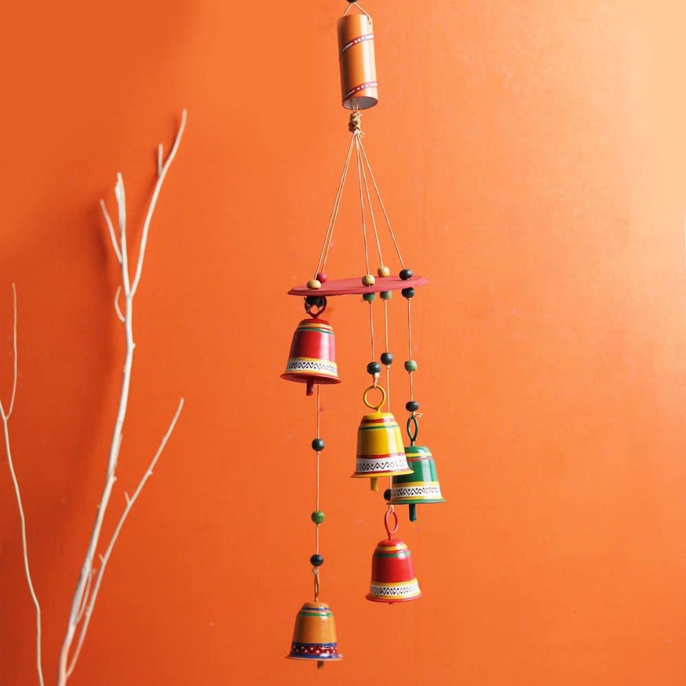 VarEesha Hand Painted Multicolor Metal 5 Bells Outdoor/Indoor Hanging Bells | Antique Wind Chimes/Bells for Home Garden Balcony Decoration Item | Gifts for Loved Ones - 19 Inch-image-30