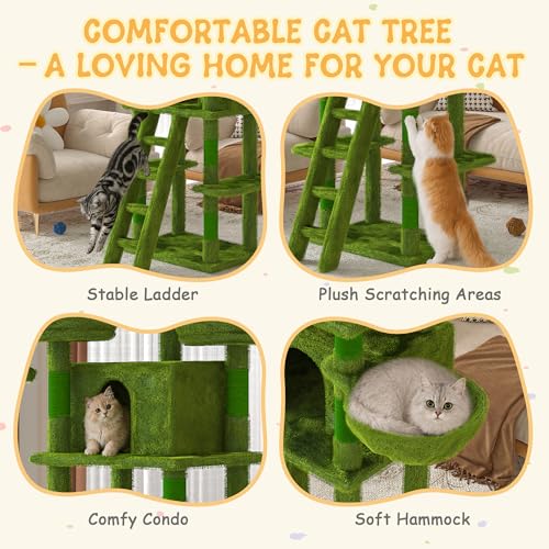 Image of Large Cat Tree, XL Multi-Level Cat Tower for Small & Large Cats with 2 Condos, 3 Perches & Hanging Hammock, Soft Plush Natural Sisal Scratching Posts, Stable for Multi-cat Families (Green)