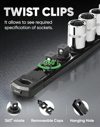 Image of ALOANES Magnetic Socket Organizer Set of 3, Heavy-Duty Aluminum 360 Swivel Clip Socket Holder, Compatible with 1 /2 inch, 3 /8 inch, 1 /4 inch Sockets, Includes 40 Clips, Tool Box Drawer Storage (Black)