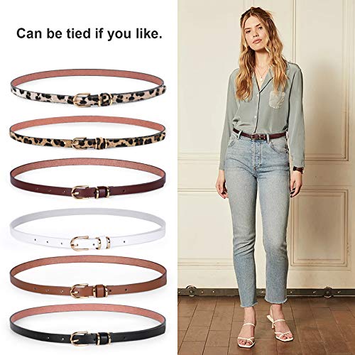 JASGOOD Women's Skinny PU Leather Belt Solid Color Leopard Fashion Thin Waist Belt with Gold Buckle for Jeans Pants 1/2 Width Set of 62