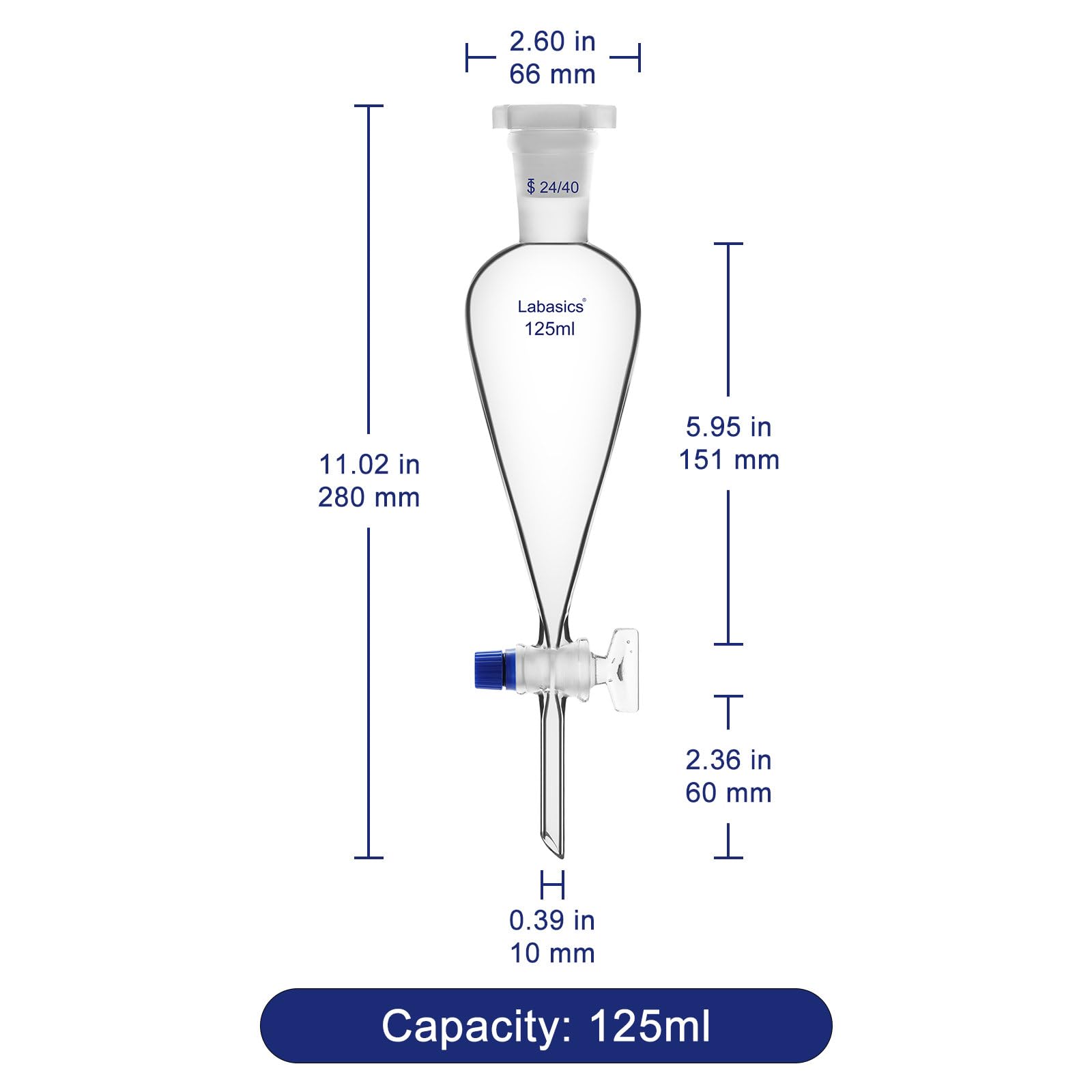 Labasics Entonnoir de Séparation Conique en Verre Borosilicaté 125 ml avec Robinet en Verre, Idéal pour la Séparation des Liquides en Laboratoire