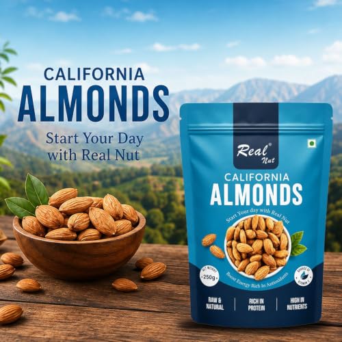 Image of RealNut Plain California Almonds 250g | Premium Badam Whole | Natural Unroasted & Unsalted Almonds | Healthy Protein Rich Dry Fruits Snack | Crunchy Almond Kernels