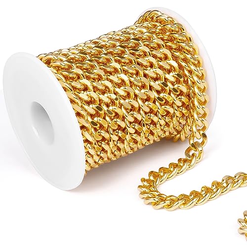 16.5 Feet Stainless Steel Cuban Chains Roll, 9mm Width 18K Gold Plated Diamond-Cut Miami Curb Link Chains Spool Bulk for Jewelry Meking & DIY Craft