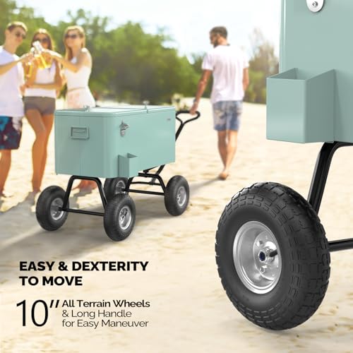 Image of VINGLI 80 Quart Wagon Rolling Cooler Ice Chest, w /Long Handle and 10 inch Wheels, Portable Beach Patio Party Bar Cold Drink Beverage, Outdoor Park Cart on Wheels