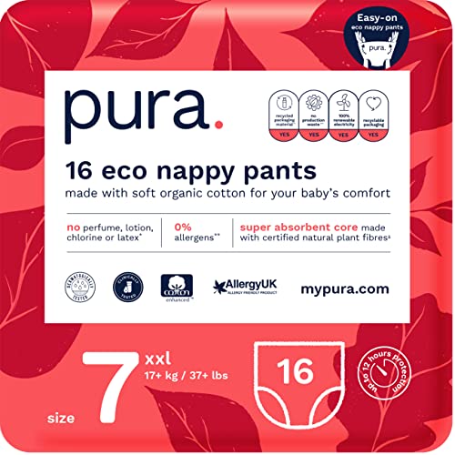 Pura Öko Windelhöschen Größe 7 (17+kg / 37+lbs) 1 Packung mit 16 Baby Kleinkind Windeln Pants Trainingswindeln für Jungen und Mädchen, EU-Umweltzeichen-zertifiziert, parfümfrei