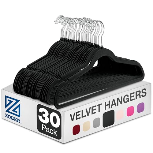Image of Zober Black Velvet Hangers 30 Pack for Coats, Pants & Dress Clothes - Non Slip Clothes Hanger Set w / 360 Degree Swivel, Holds up to 10 lbs - Strong Felt Hangers for Clothing