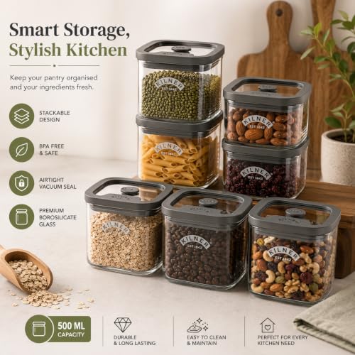 Image of Kilner Fresh Storage 500ml Airtight Glass Container Durable Vacuum Seal Lid | BPA-Free Jar for Food Storage, Nuts, Dried Fruit, Snacks, Pantry Organisation