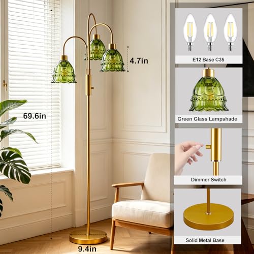Image of 3-Light Glass Floor Lamp with Green Ribbed Glass Shades, 70 inch Gold Dimmable Tall Standing Lamp with 3PCS 3000K Warm White Bulbs, Modern Tree Pole Lamp for Living Room Bedroom Home Office Corner Decor
