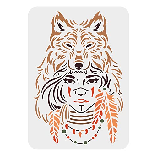 FINGERINSPIRE Wolf Pochoir 29,7X21cm Réutilisable Tribal Artisanat Pochoirs Plastique Pet Tête de Loup Collier Plume Dessin Pochoir Art Mural Pochoir pour...
