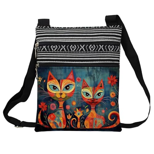 Ethnic Floral Cat Messenger Bag Small Ethnic Pattern Printed Adjustable Strap Crossbody Zipper Bag Ethnic Floral Cat Phone Bag Wallet Cute Shoulder Handbag for Women -3