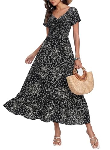 Image of Summer Smocked Boho Maxi Dress for Women 2026 Short Sleeve Floral Smocked Flowy Ruffled Beach Vacation Dresses Lightweight