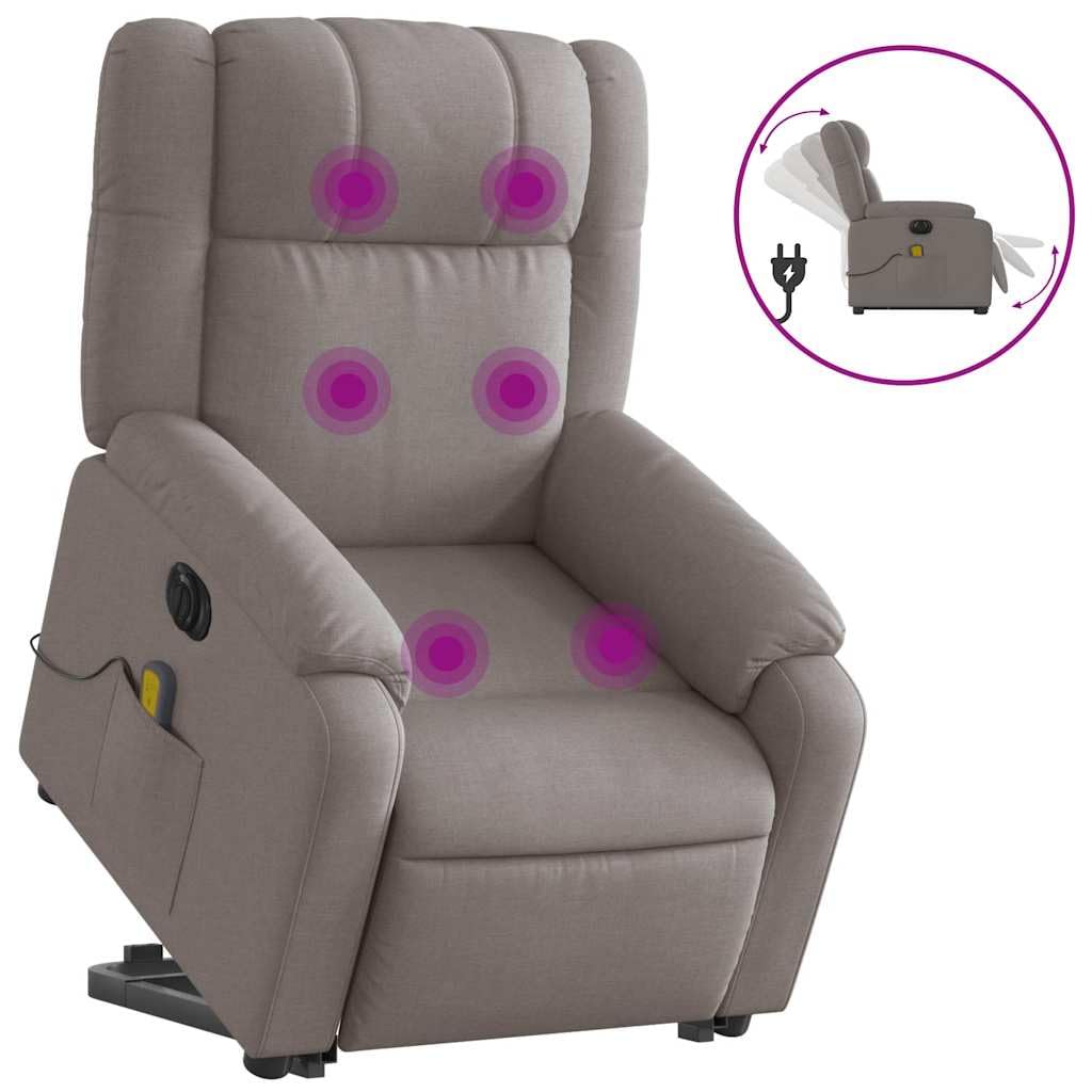 Sillón elevador eléctrico reclinable de tela gris con 6 puntos de vibración y función de elevación, cómodo con marco estable y control automático