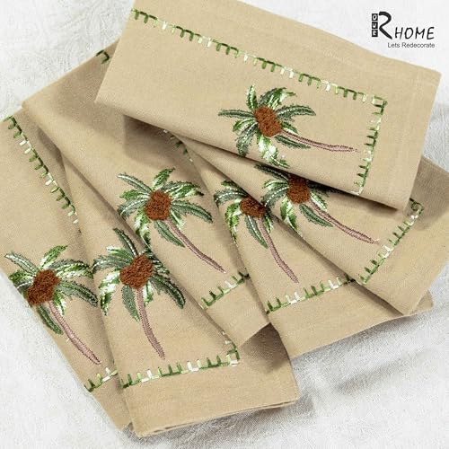 Image of R home Premium Embroidered Cotton Table Napkins Set of 6 Reusable Cloth Dinner Napkins Soft Washable Dining Table Linen Elegant Kitchen Coffee Table Decor (R home Desert Palm, 40X40 CM)