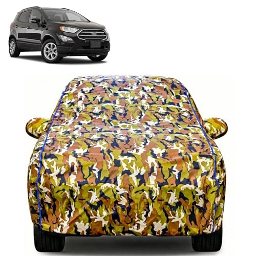 Image of Waterproof Car Body Cover for Ford Ecosport with Mirror Pocket| Cotton Inner Lining | Triple Stitched | All Weather Protection | Dust, UV & Rain Proof (Camouflage with Blue Piping)