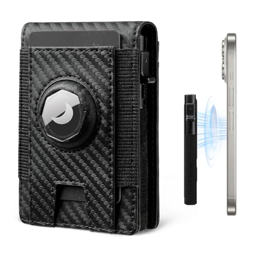 Magnetic Wallet with Card Holder for Iphone12~16, Slim & Minimalist Airtag Wallet with RFID Blocking Card Holder, Genuine Leather, Stretch Front Pocket, Carteras Hombres