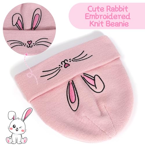 Kids Girls Knit Hats Cute Rabbit Embroidery Warm Cuffed Skull Caps Classic Autumn Winter Beanies Hats Gifts for Aged 7-12 Y2