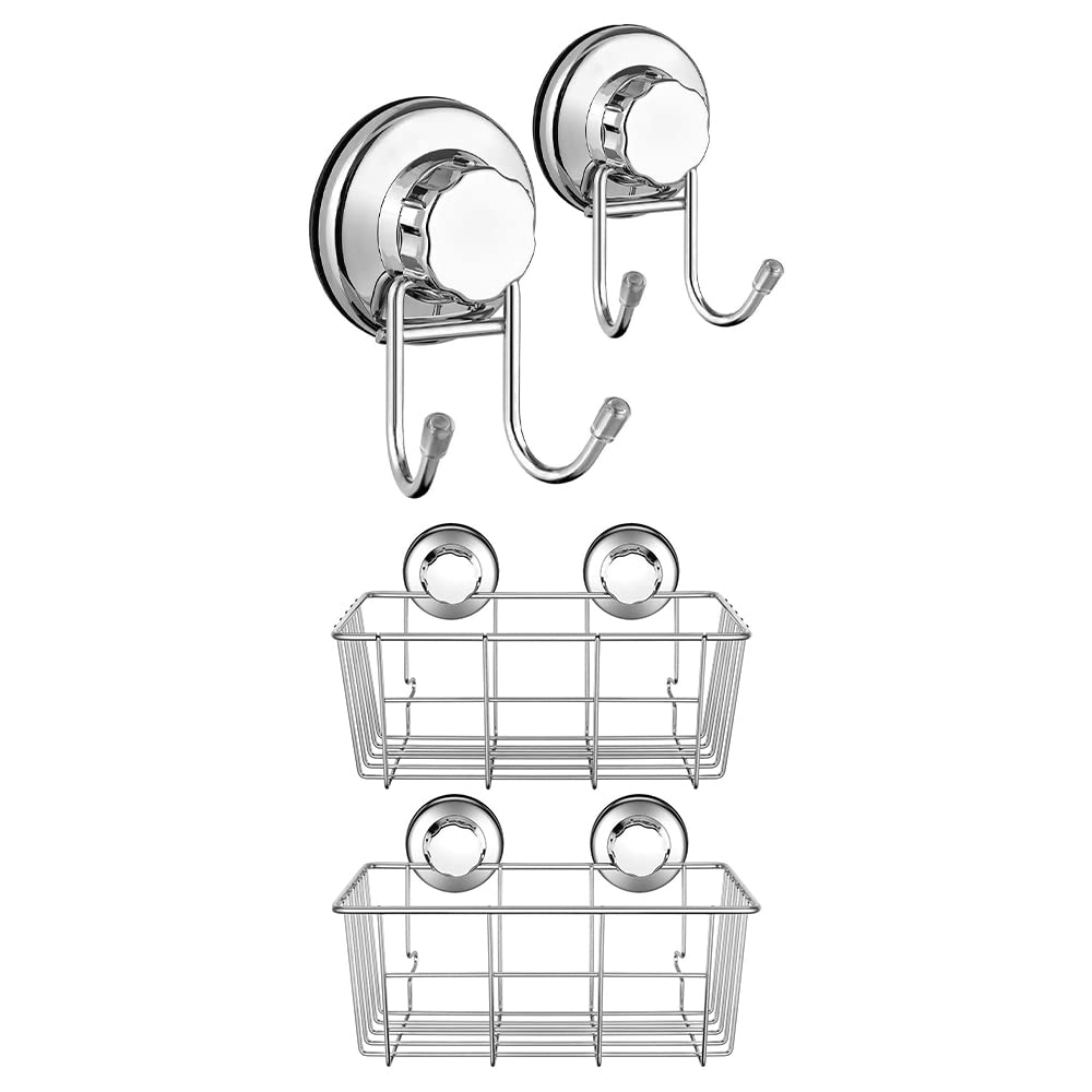 SANNO Double Suction Hooks Stainless Steel Suction Cup Shower Caddy Bathroom Caddies Adhesive Pads Deep Large Basket Shelf