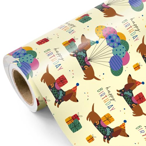 WRAPAHOLIC Puppy Dog Wrapping Paper - Mini Roll - 17 Inch x 9.8 Feet - Yellow Birthday Wrapping Paper Perfect for Kids Boys Grils Baby Shower