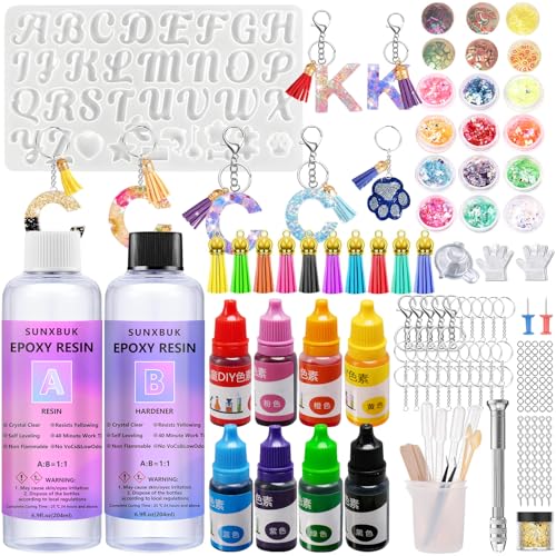 SUNXBUK Resina Epoxi Kit 2 partes 408ml, Resina Epoxi Transparente, Kit Resina Epoxi con Moldes de Silicona, Resina y el Endurecedor, para Bricolaje, Artesanía, hacer Colgante, Joyas, Llaver