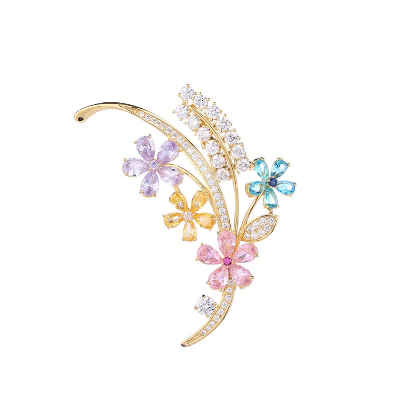 14K Gold Wheat Sheaf Brooch Embellished with Lustrous Colored Gemstone Flowers, Moissanite Accents Elevate its Elegance, Unique Botanical Jewelry Gift