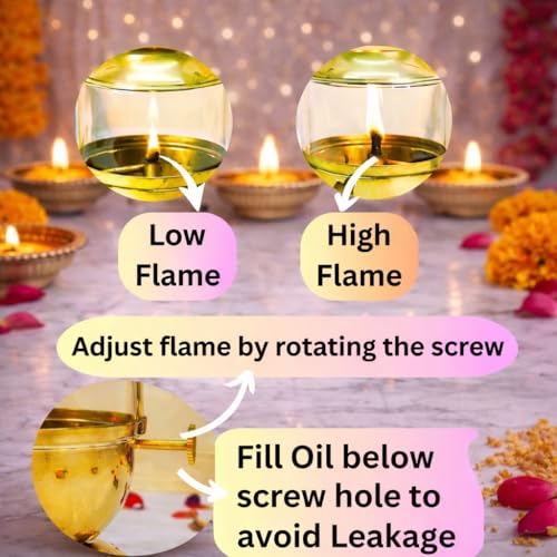 Image of Brass akhand Diya, Big Size 250ml | 12 Long Wicks Included | with Wick-Lifting Screw Lever & Borosilicate Glass - Long Burning Oil lamp | deepam for mandir, Home Temple & Festive Use