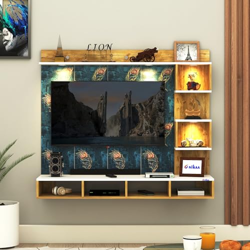Image of Anikaa Kirina Engineered Wood Wall-Mount TV Unit with Printed PVC Back Panel & LED Lights | TV Cabinet with Storage Box & Decorative Shelves (Giantwood /White) for TVs up to 40 Inch | DIY Installation