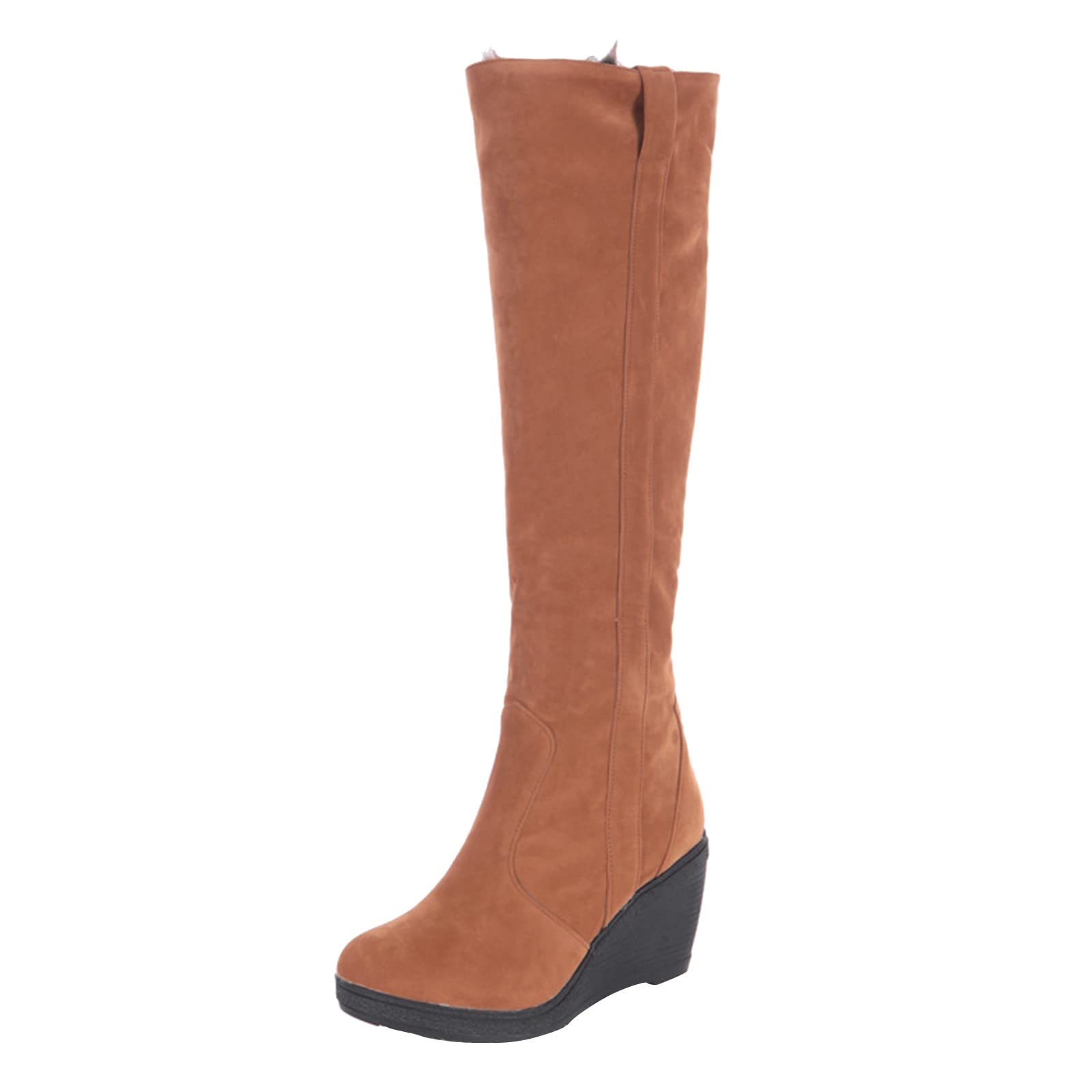 Damskie buty na koturnie do kolan, beżowe zamsz, wysokie buty zimowe z kołnierzem Multi Wear średni obcas wysoki wypoczynek pluszowe ciepłe buty damskie rozmiar 5