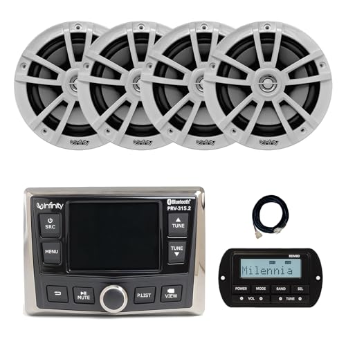 Infinity PRV-315.2 Marine Gauge Hole Mount USB Bluetooth AM/FM/WB Radio Receiver, Wired Remote, 20 ft Extension Cable, 4x 6.5