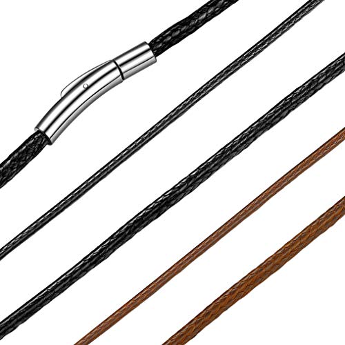 Bandmax Men Women Braided Leather Cord Necklace Black 2mm Width Sturdy Waterproof Wax Rope Chain Necklace for Pendant Jewelry Stainless Steel Durable Snap Clasp 16inch(Brand Box)
