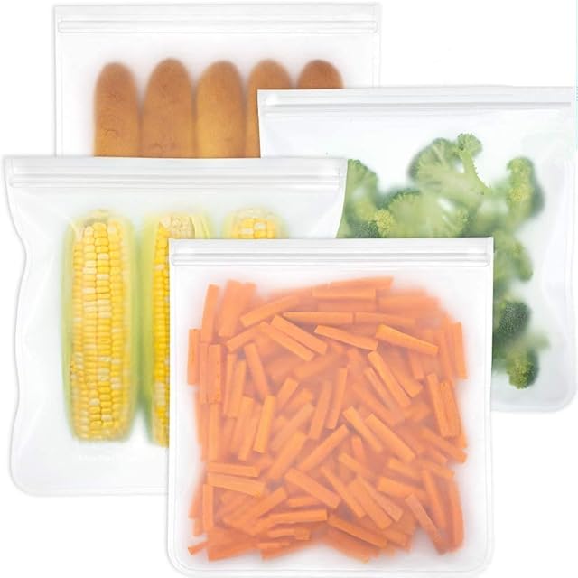 CHTH 4 PCS Reusable Food Storage Bags Silicone Food Bags Extra Large Sandwich Snack Bags Set for Food Fruit Liquid Meat Juice, Eco Friendly Degradable Material, Ziplock Leakproof, Extra Thick