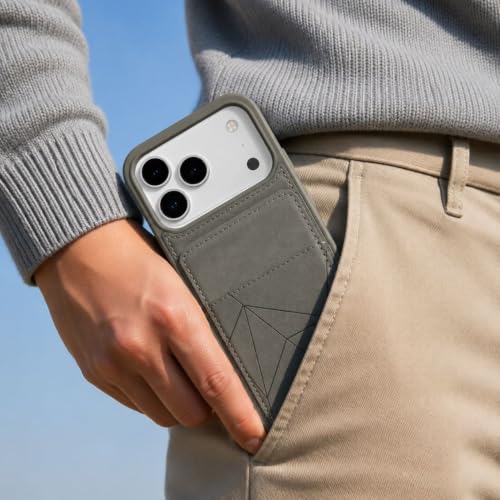 Image of amazon basics Premium Vegan Leather Back Cover with Card Holder and Integrated Mobile Stand for iPhone 17 Pro Max - Slim Shockproof Wallet Case with Geometric Stitching [Gray]