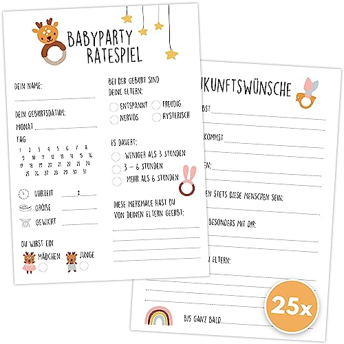 Babyparty Spiele (25 Karten - beidseitig bedruckt) - Deutsch - Babyshower Spiele für Junge und Mädchen - Deko Baby Shower Party Spiel - Comic