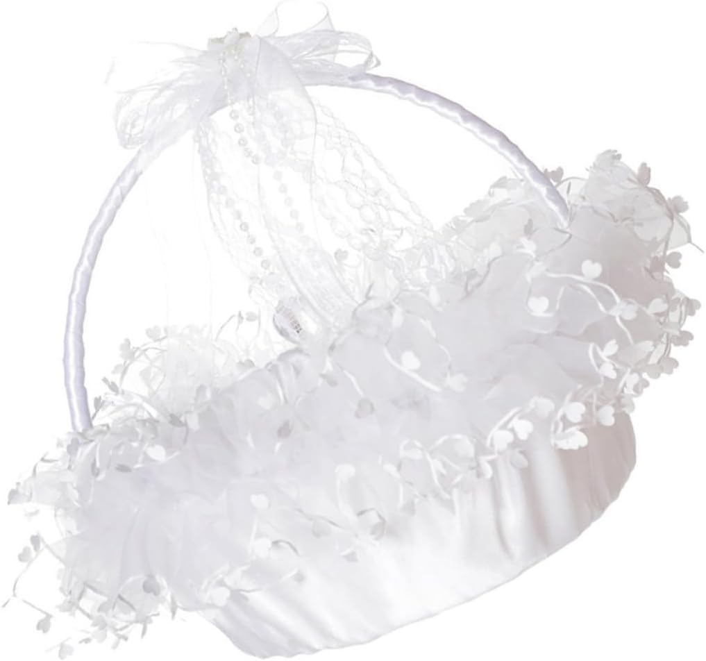 Lace Wedding Basket with White Bow, Portable Flower Girl Basket for Ceremony, Heart-shaped Handle Flower Holder for Wedding Supplies and Photography Props