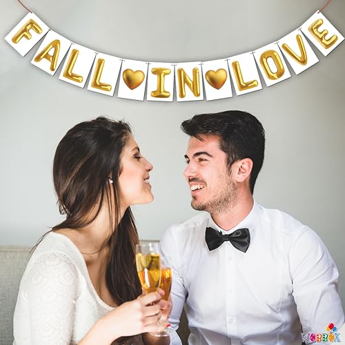 Image of Wobbox White & Golden Balloon Text inchFall In Love inch Bunting Banner for Anniversary, Pre-Wedding & Wedding, Love Banner for Decoretion
