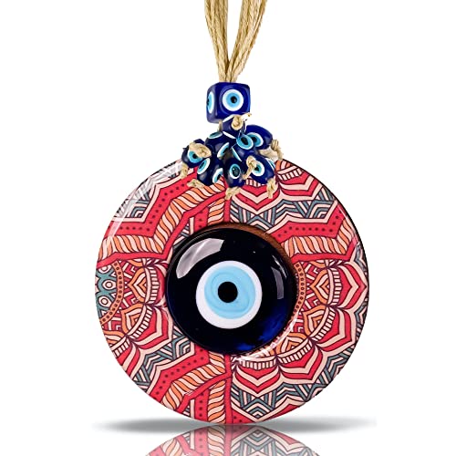 BCS Mandala Pattern Evil Eye Decor Home Wall Hanging 4.5" Wooden Frame Glass Bead Multicolor Floral Handmade Turkish Greek Nazar Amulet Good Luck Charm