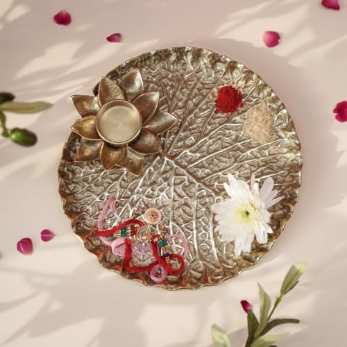 Image of BEHOMA Golden Metal Lotus Pooja Thali with Tea-Light Holder, 25.5cm | Golden lotus-design metal tray with tea-light holder; perfect pooja thali for weddings, haldi & mehndi.