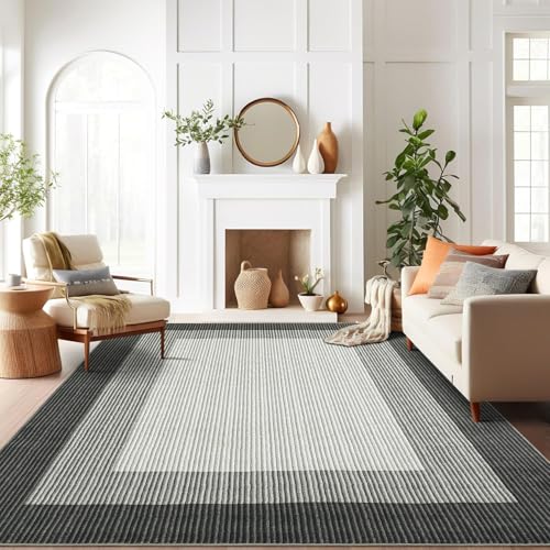 GarveeHome Machine Washable Rugs 5x7 Rugs for Bedroom Living Room, Modern Border Solid Rug Non-Slip Stain Resistant Neutral Accent Carpet for Dining Room Table Apartment Office Grey