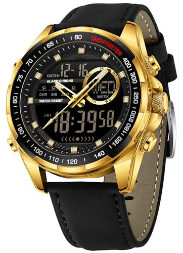 findtime Montre analogique numérique pour homme avec alarme, chronomètre, lumineuse, résistante aux chocs, bracelet en cuir, montre décontractée pour...