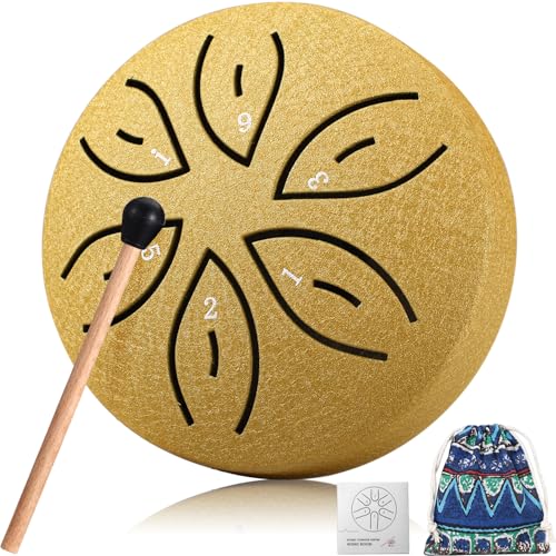 Facmogu Mini Steel Tongue Drum, 3 Inch 6 Note Chakra Drum for Outside Garden, Steel Hand Drum w/Bag, Music Book, Mallet, Musical Education Entertainment Meditation Yoga Zen Gift - Gold (Leaf Pattern)