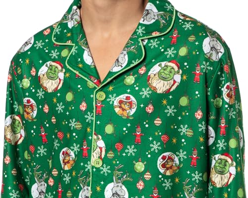 Shrek Men's Christmas Donkey Puss in Boots Tossed Print Button Down Sleep Pajama Set2